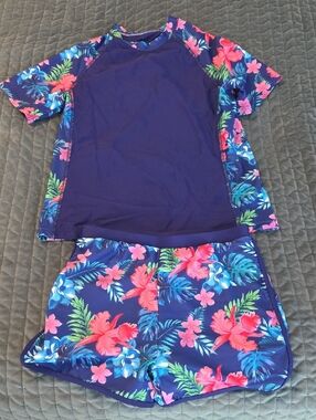 Girls Navy Floral Rash Guard Set with Pink & Blue Hibiscus